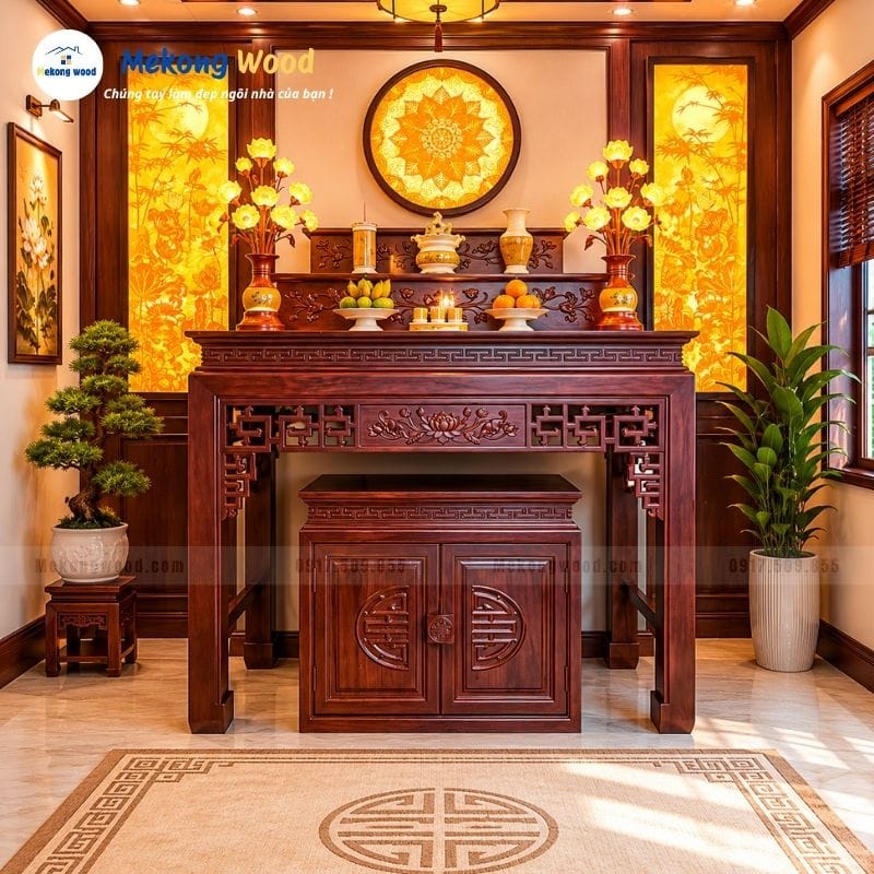 Hình ảnh trang trí phòng thờ truyền thống với đèn chỉ trúc sáng vàng ấm áp