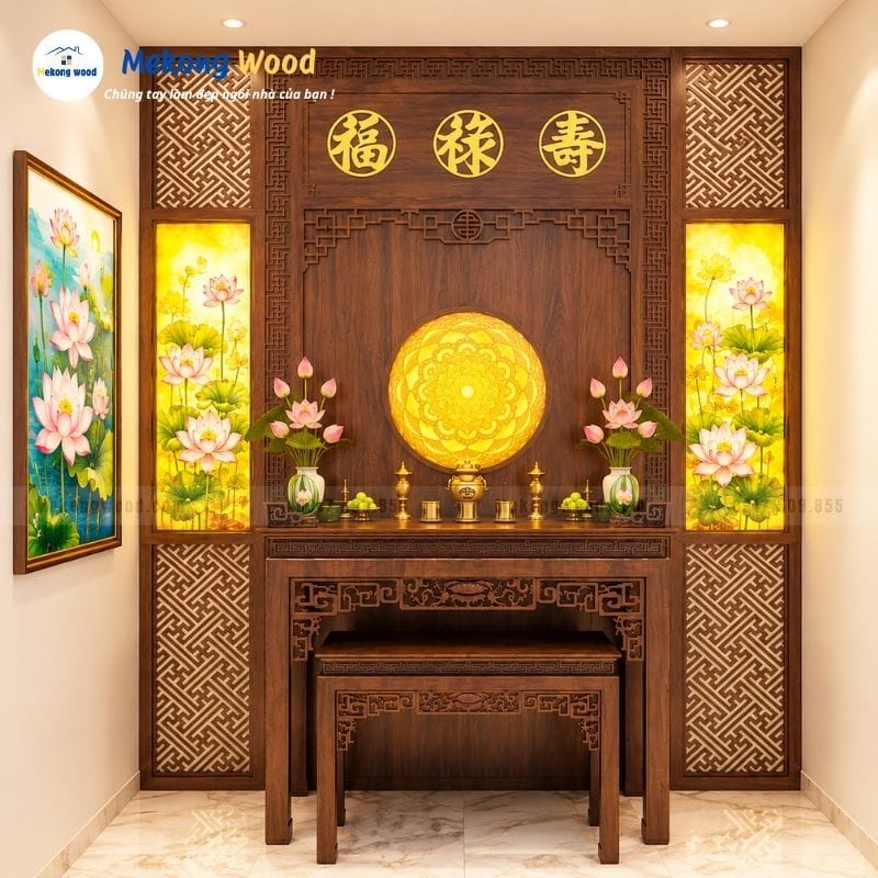 Trang trí phòng thờ bằng tranh và đèn chỉ trúc