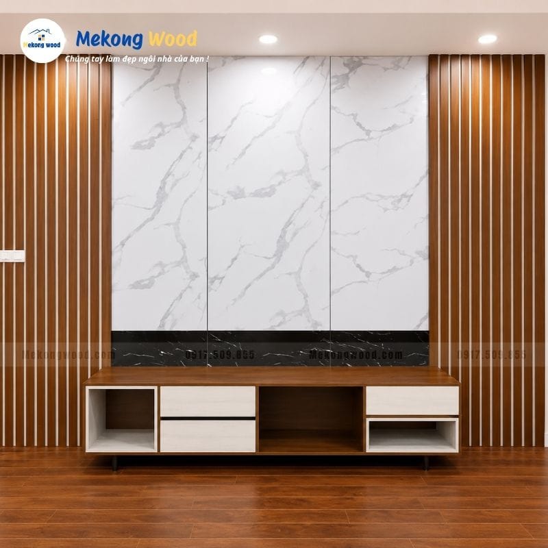 Trang trí phòng khách bằng tấm nhựa ốp tường pvc