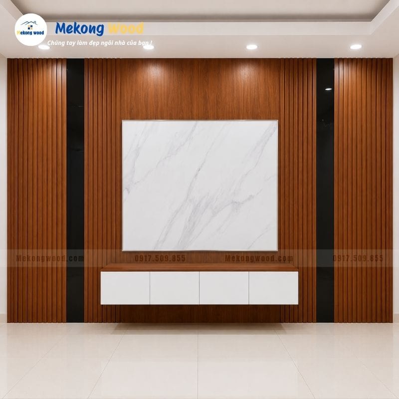 Trang trí vách tivi bằng tấm nhựa ốp pvc màu gỗ