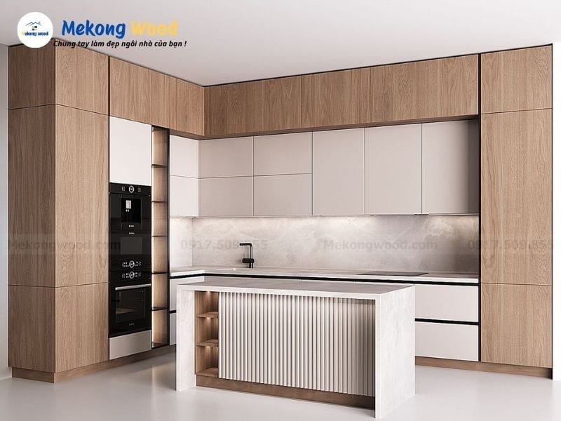 hình ảnh tủ bếp mdf melamine vân gỗ kịch trần
