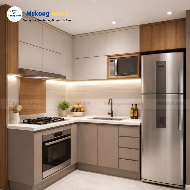 Mẫu tủ bếp mdf phủ melamine dành cho phòng bếp nhỏ