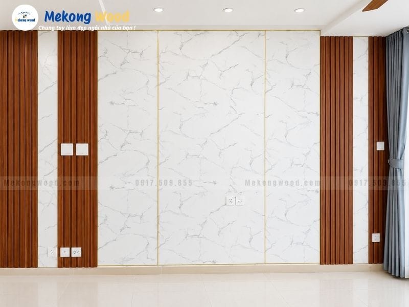 Trang trí vách tivi bằng tấm ốp nhựa pvc cùng nẹp nhôm mạ đồng