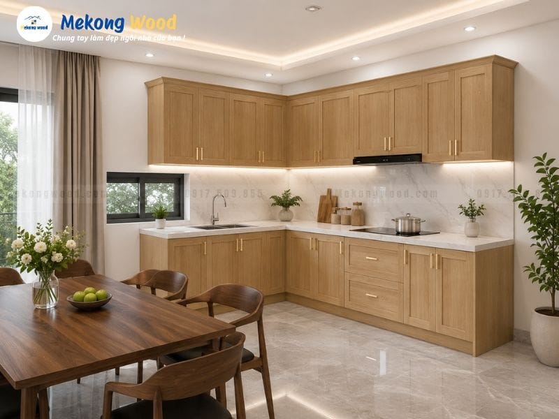 Hình ảnh tủ bếp gỗ sồi nga kết hợp với bộ bàn ăn gỗ óc chó