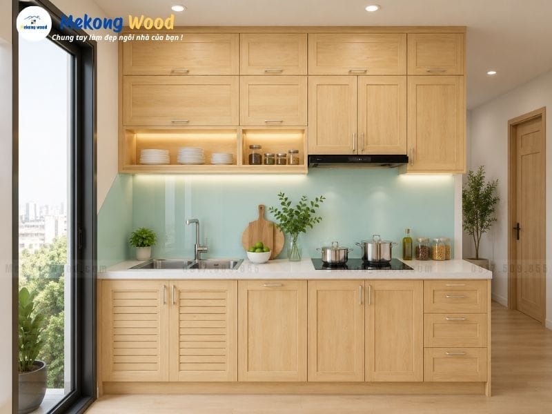 Hình ảnh tủ bếp gỗ sồi chữ I nhỏ gọn phù hợp với nhà phố và chung cư