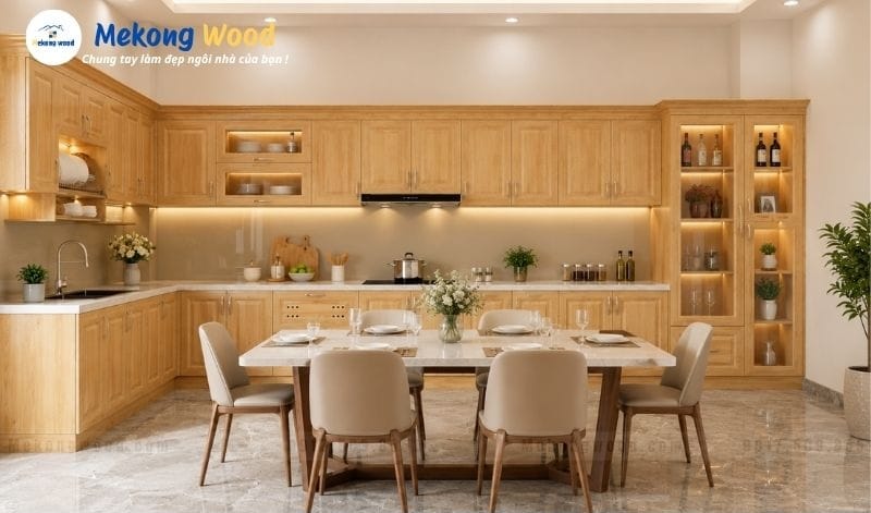 Hình ảnh mẫu phòng bếp hiện đại với tủ bếp gỗ sồi