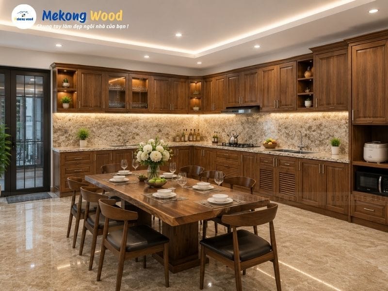 Hình ảnh phòng bếp với tủ bếp gỗ sồi nga phun pu màu gỗ óc chó