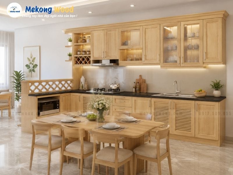 Thiết kế tủ bếp gỗ sồi nga có quầy Bar sang trọng và hiện đại