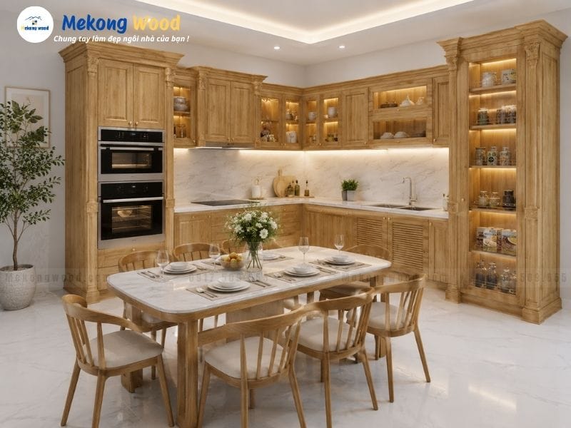 Hình ảnh căn phòng ăn đồng bộ và đầy đủ nội thất với tủ bếp gỗ sồi nga