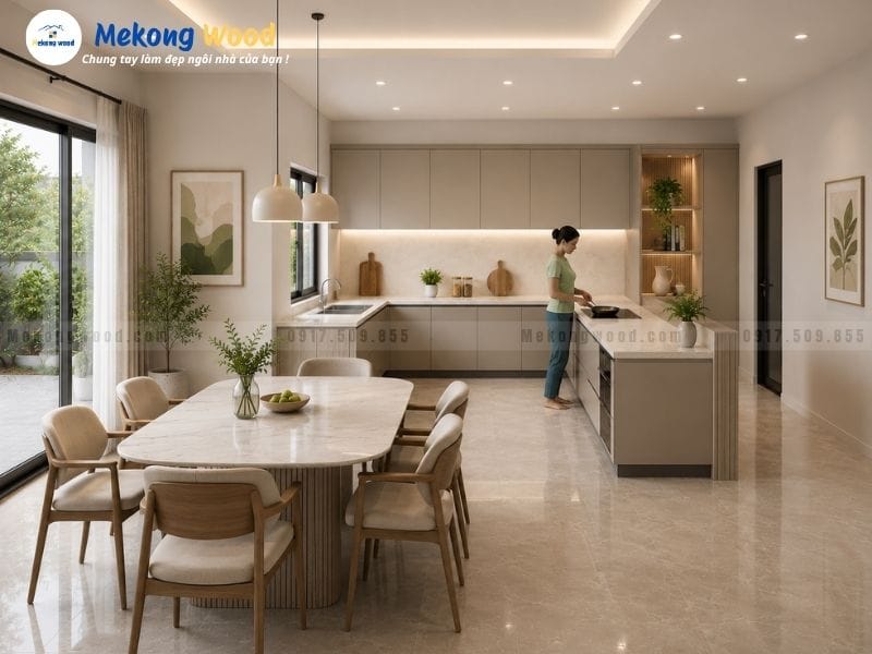 Chọn màu sắc đồng bộ cho không gian phòng bếp