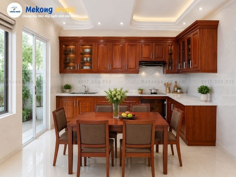 Thiết kế mẫu tủ bếp gỗ cam xe hiện đại với các tấm pano trơn