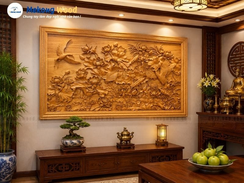 Hình ảnh tranh gỗ sen cò được tro trong phòng thờ