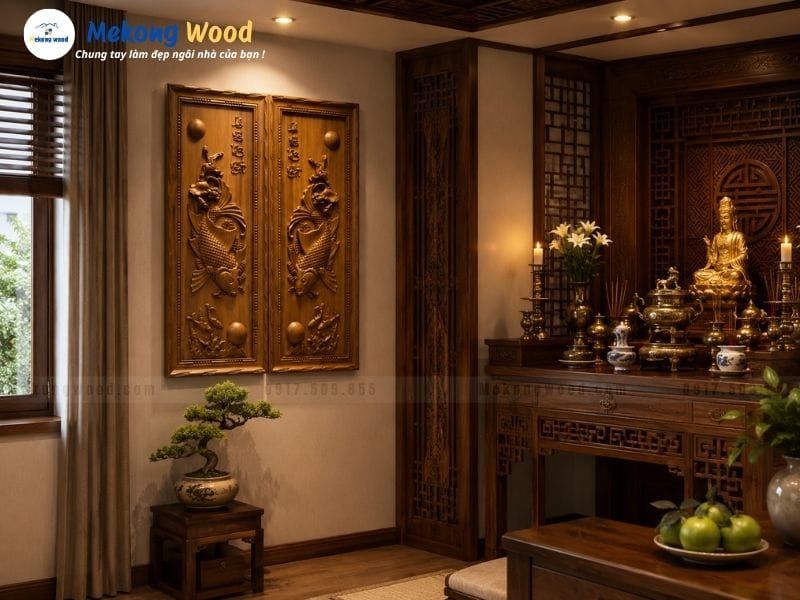 Hình ảnh tranh song ngư quần nguyệt bằng gỗ