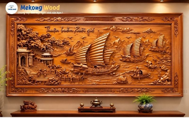 Tranh gỗ huận buồm xuôi gió mang ý ngĩa là thuận lợi trong làm ăn kinh doanh
