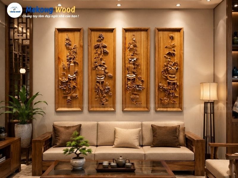Hình ảnh tranh gỗ tứ quý sự may mắn, phú quý, sung túc, thịnh vượng và bốn mùa bình an