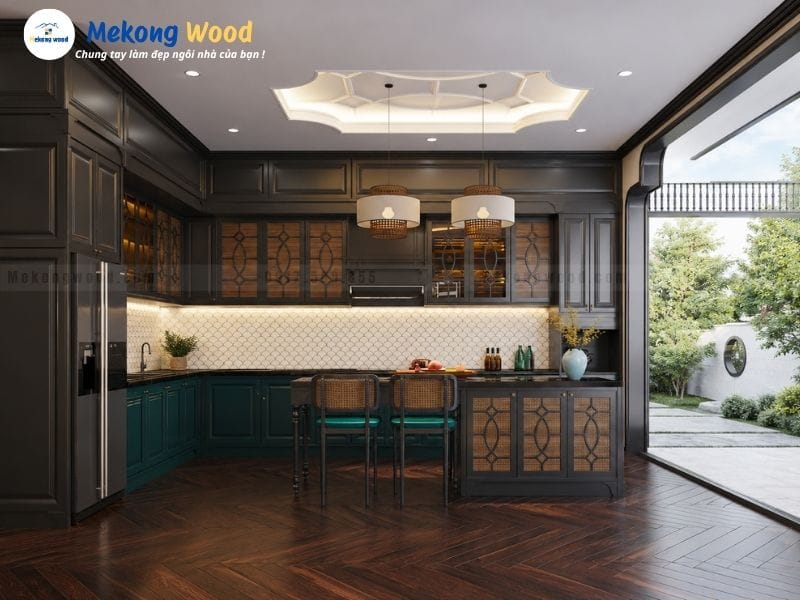 pphong cách tủ bếp indochina làm từ gỗ cam xe sơn giả cổ