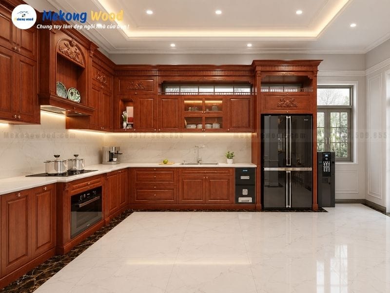 Hình ảnh tủ bếp gỗ căm xe với màu sắc đặc trung màu cánh dán