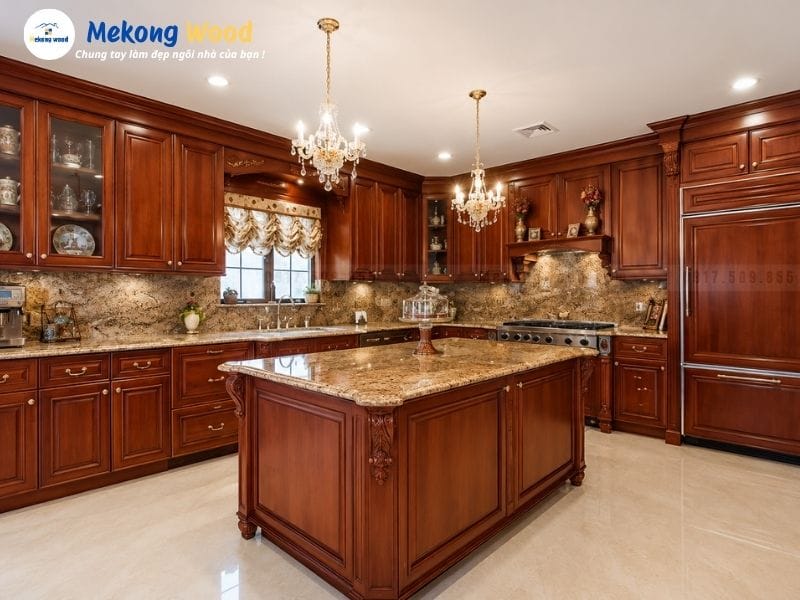Hình ảnh tủ bếp gỗ căm xe tân cổ điển sang trọng kết hợp với bàn đảo