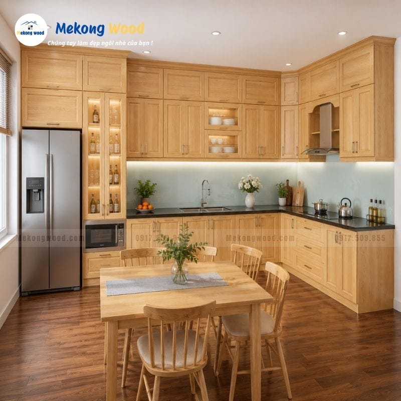 Mẫu tủ bếp gỗ sồi nga  chữ L