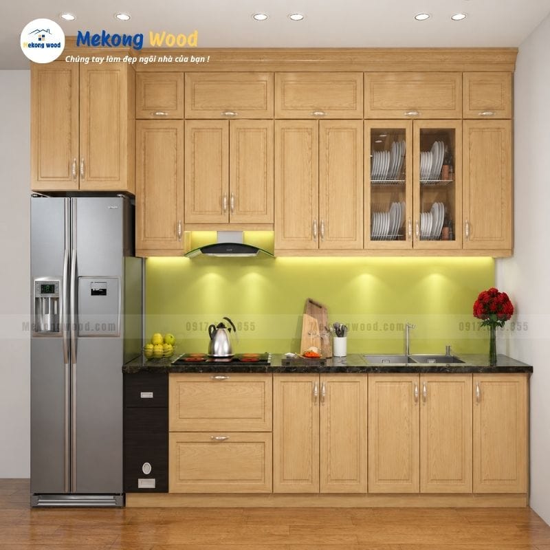 Hình ảnh tủ bếp gỗ sồi nga nhỏ gọn dành cho những phòng bếp nhỏ