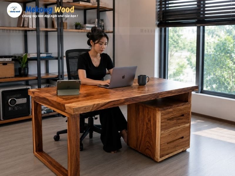 hình ảnh bàn làm việc được thiết kế đơn giản bằng gỗ me tây