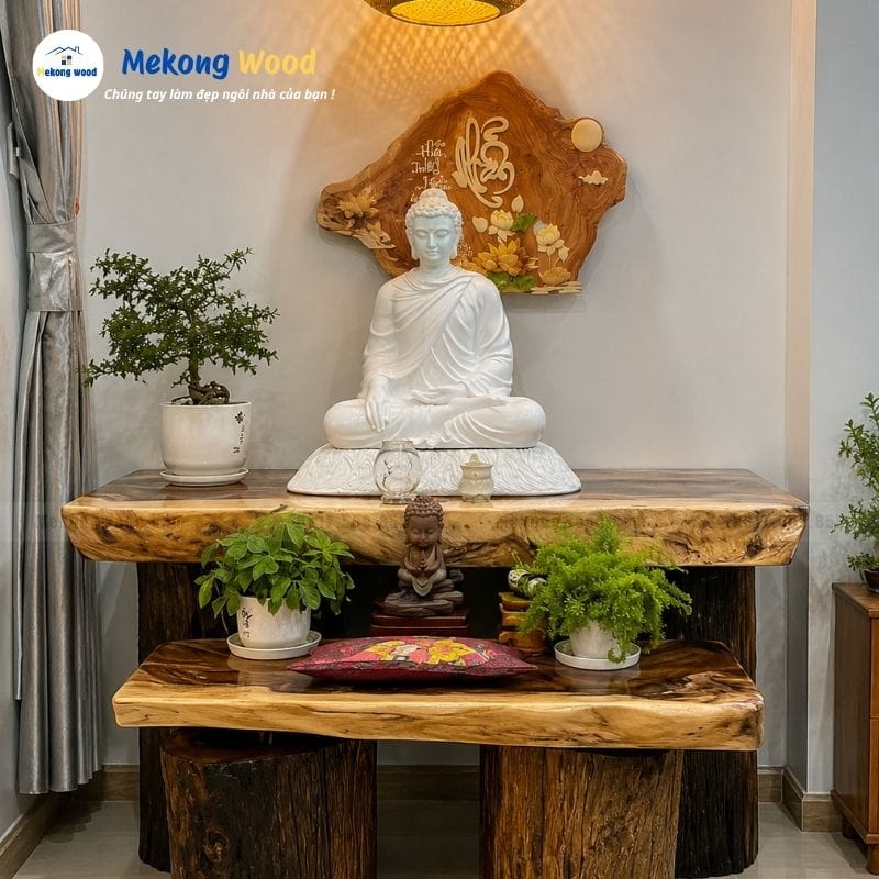 Bàn thờ phật thanh tịnh với các tấm gỗ me tây xếp thành