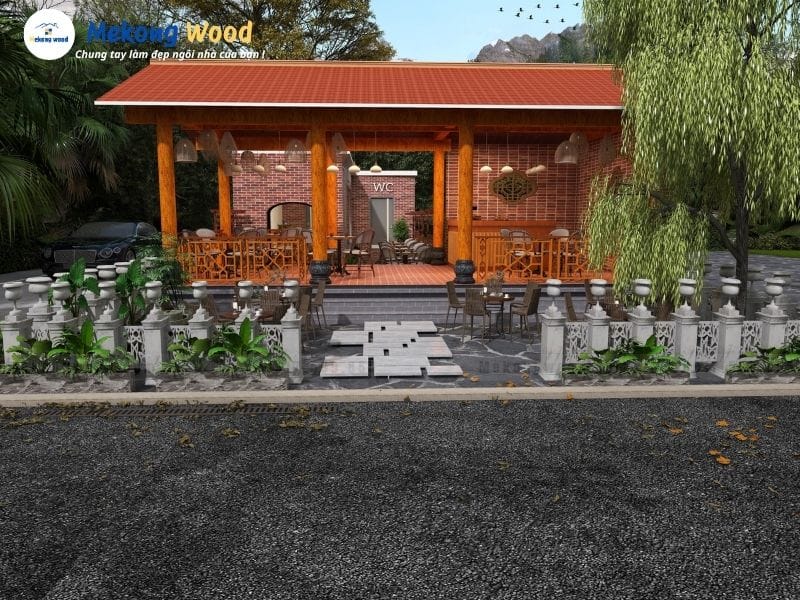 Hình ảnh góc chụp quán cafe sân vườn phong cách truyền thống phía trước