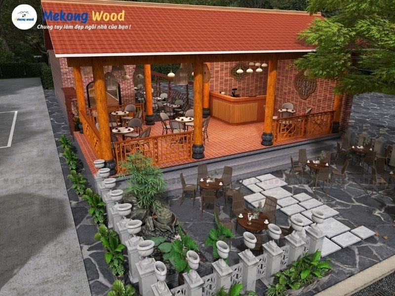 Đồng bộ màu sắc của quán cafe sân vườn là sử dụng mái ngói màu đỏ, sàn gạch đỏ , tường gạch