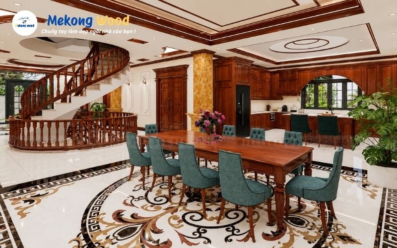 Hình ảnh góc chụp phòng ăn sang trọng và đẳng cấp khi được bố trí