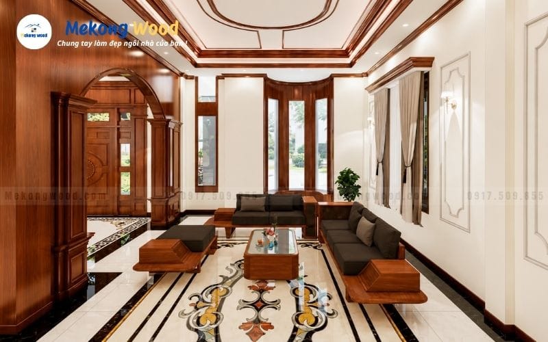 Hình ảnh thiết kế nội thất phòng khách bằng gỗ tự nhiên cho căn hộ biệt thự