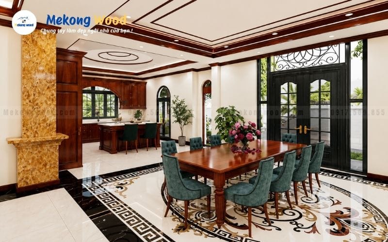 Hình ảnh phòng ăn sang trọng với bàn ăn gỗ và ghế bọc nệm màu xanh cổ điển