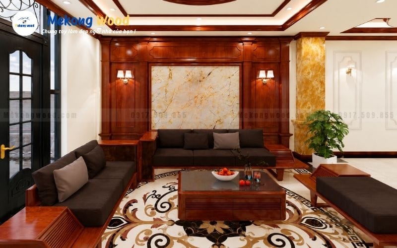 Hình ảnh góc thiết kế phòng khách với hệ vách gỗ kết hợp tấm ốp đá tự nhiên