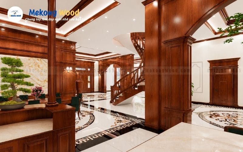 Góc nhình hành lang phòng khách căn hộ biệt thự được ốp gỗ và pào chỉ tạo nên sự sang trọng