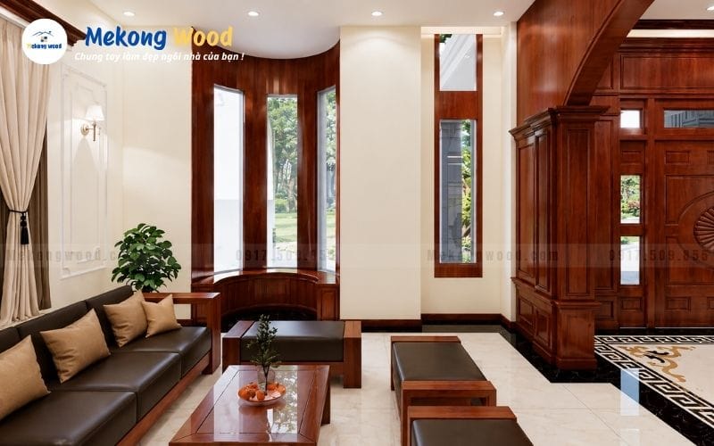 Hình ảnh góc nội thất phòng khách với sofa gỗ hiện đại kết hợp nệm da cao cấp