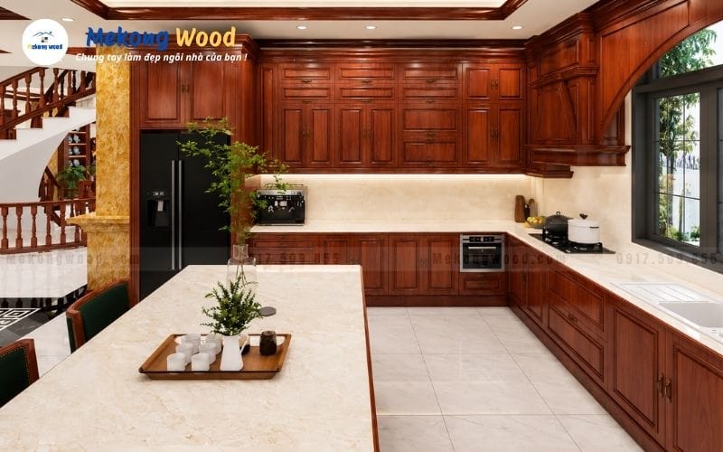 Góc chụp thiết kế nội thất phòng bếp của căn hộ biệt thự 2 tầng