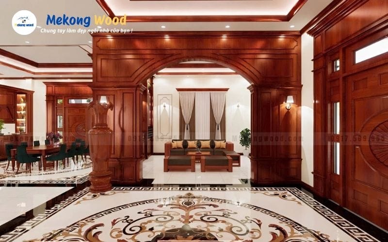 Hình ảnh hành lang căn hộ biệt thự được ốp gỗ tự nhiên và chỉ phào