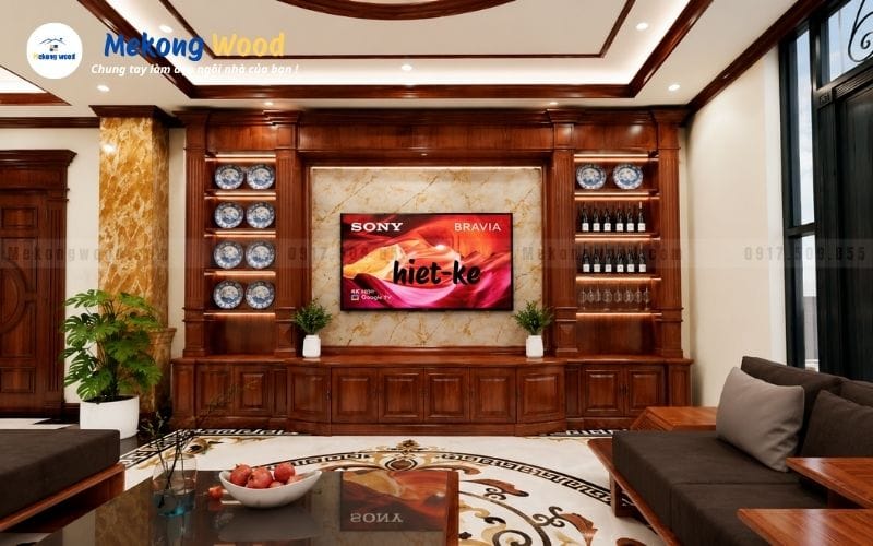 Hình ảnh thiết kế nội thất phòng khách với vách tivi gỗ kết hợp tủ rượu 