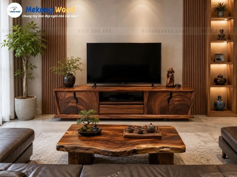hình ản kệ tivi phòng khách được làm bằng gỗ me tây