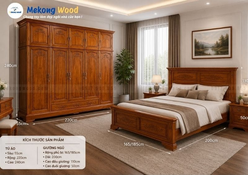 Hình ảnh phòng ngủ và kích thước chi tiết bộ phòng ngủ gỗ tự nhiên