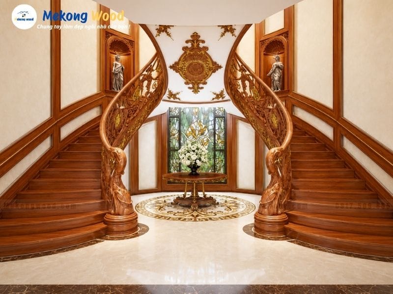 hình ảnh lan can cầu thang gỗ tân cổ điển