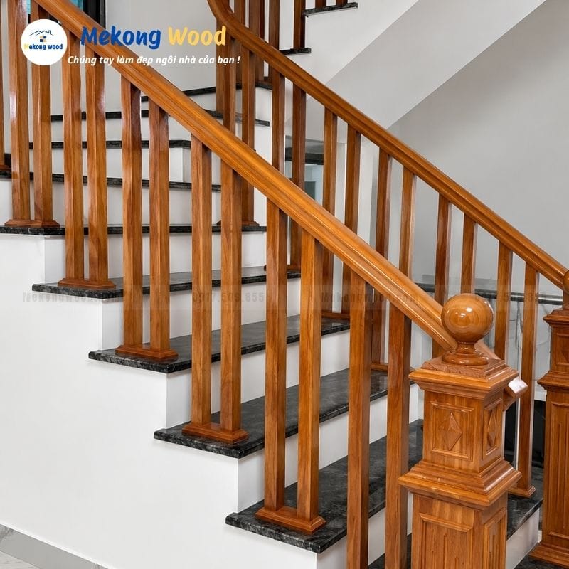 Mẫu lan can cầu thang thanh gỗ vuông hiện đại
