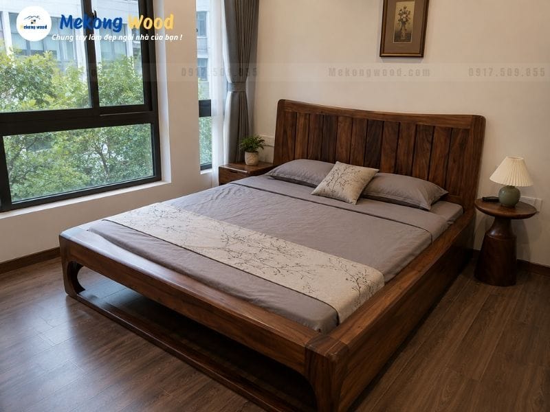 hình ảnh phòng ngủ với giường gỗ me tây kiểu japandi
