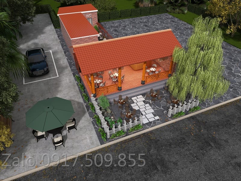 hình ảnh góc tay trái của quán cafe sân vườn do mekongwood thiết kế