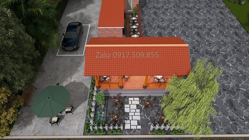 Hình ảnh quán cafe sân vườn truyền thống ngói đỏ nhìn từ trên cao