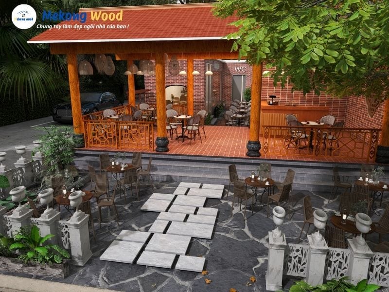 hình ảnh cafe sân vườn với màu gạch đỏ đặc trưng của truyền thống