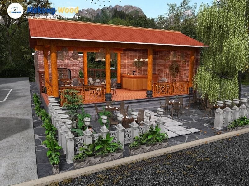 Thiết kế quán cafe sân vườn phong cách truyền thống với cột gỗ tự nhiên và đế đá