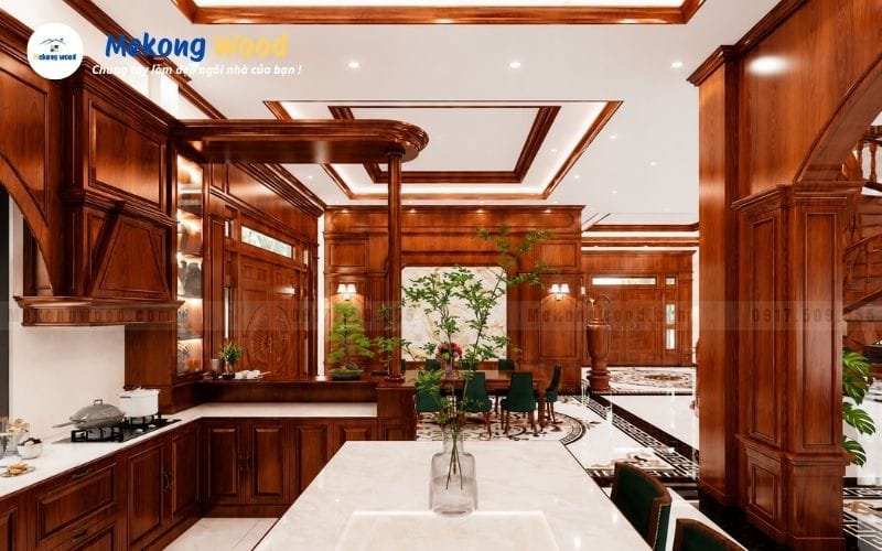 Hình ảnh thiết kế nội thất phòng bếp bằng gỗ tự nhiên kết hợp bàn đảo mặt đá