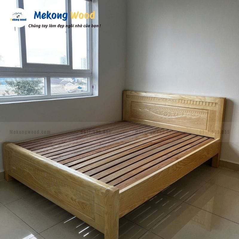 Hình ảnh mẫu giường ngủ gỗ sồi hiện đại khi kê tại phòng ngủ