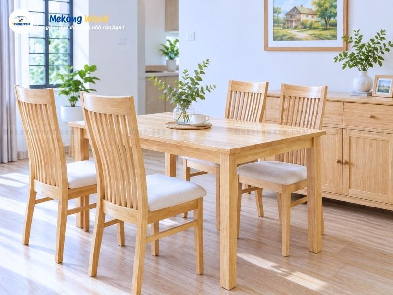 Hình ảnh bàn ghế ăn gỗ thông 4 ghế đơn giản