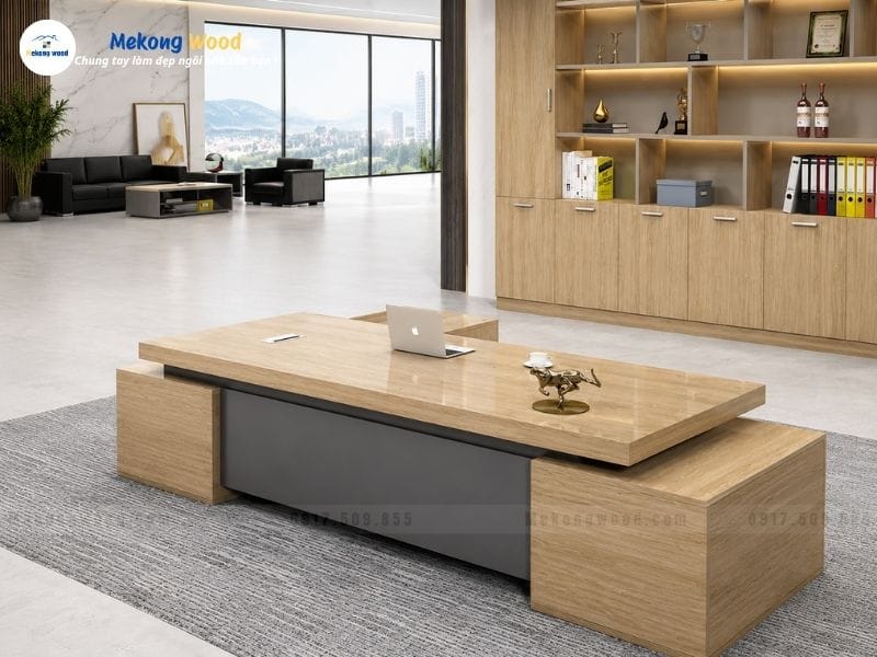 Bàn làm việc giám đốc hiện đại gỗ công nghiệp mdf màu gỗ sồi